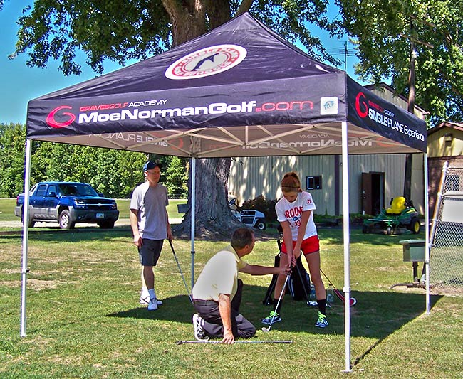 Paul Tessler demonstrating the single-plane swing under an open-air tent.